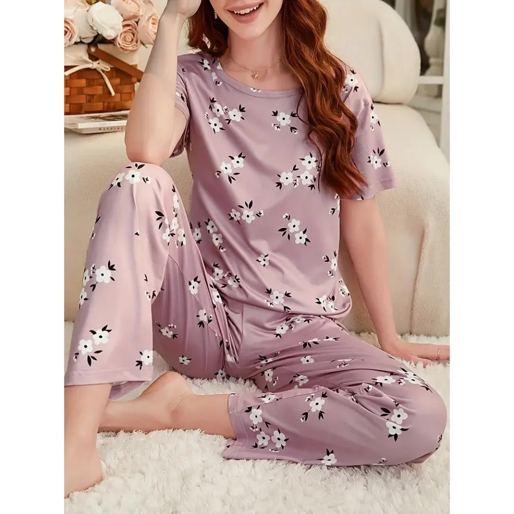 Pajama Set Soft Comfortable Short Sleeve Top & Pants Cute Floral XL - Picture 1 of 9